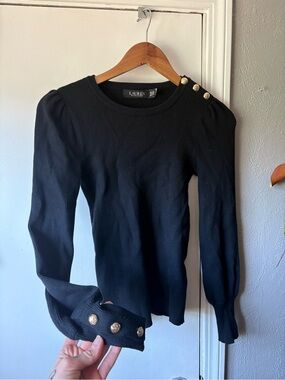 Ralph Lauren Black Ribbed Puff-Sleeve Sweater with Gold Buttons